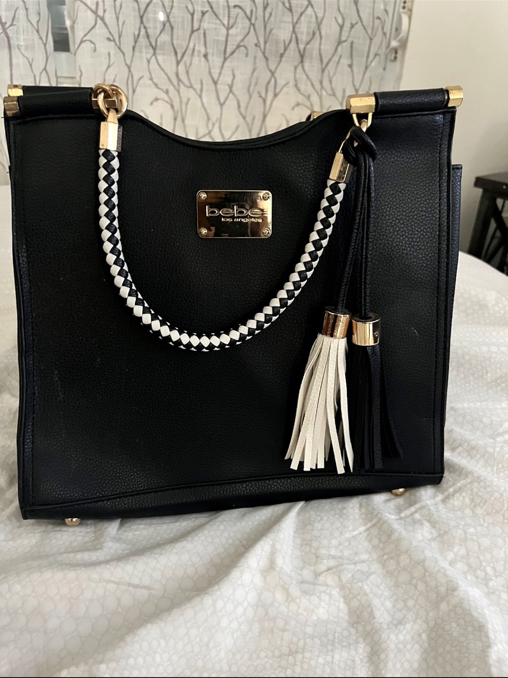 bebe Black Tote with Braided Handle and Tassels